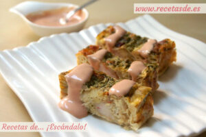 Pastel de puerros y gambas