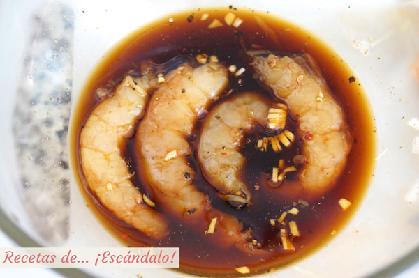 Langostinos marinados en salsa de soja