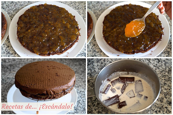 Relleno de mermelada del bizcocho y glaseado de chocolate