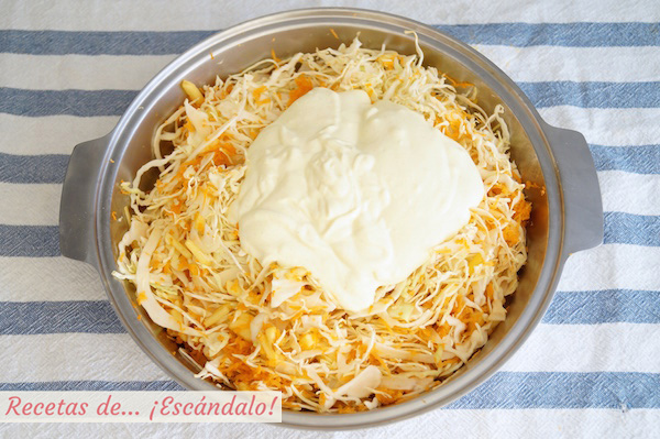 Ensalada de col y zanahorias americana o coleslaw con su salsa