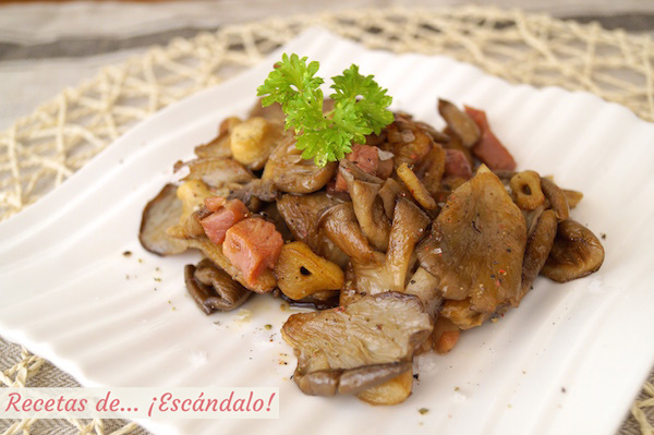 Setas al ajillo con jamon, receta muy facil