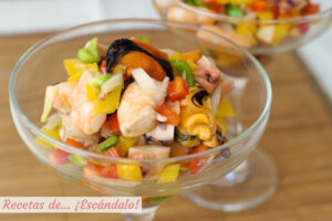 Salpicón de marisco. Receta con pulpo, gambas y mejillones