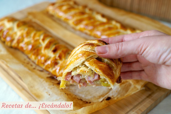 Trenza de hojaldre rellena de jamon, queso y puerros