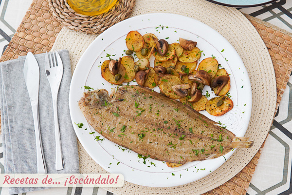 Como hacer lenguado al horno con patatas y champinones, sencillo y rico